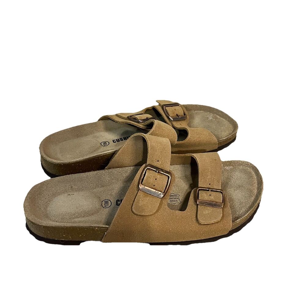 Cushionaire Women's Slide Sandals Double Strap Comfort leather Beige Size 10M